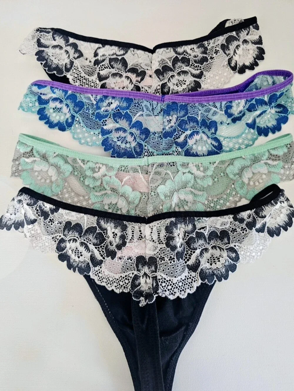 Candie's Lace-Trim Thong Set - Black, Mint, Purple